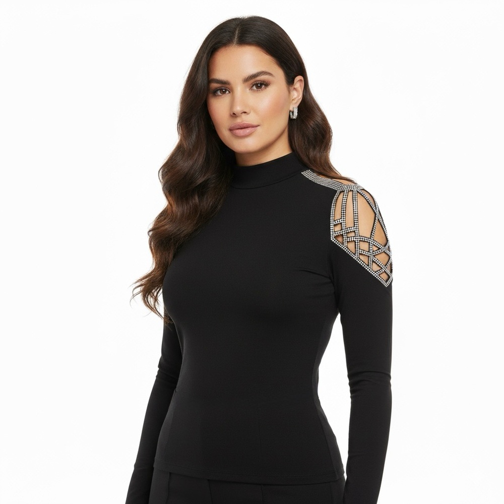 Miss Moi Luxury Long Sleeve Women Tops With Crystals Rhinestones Size Medium